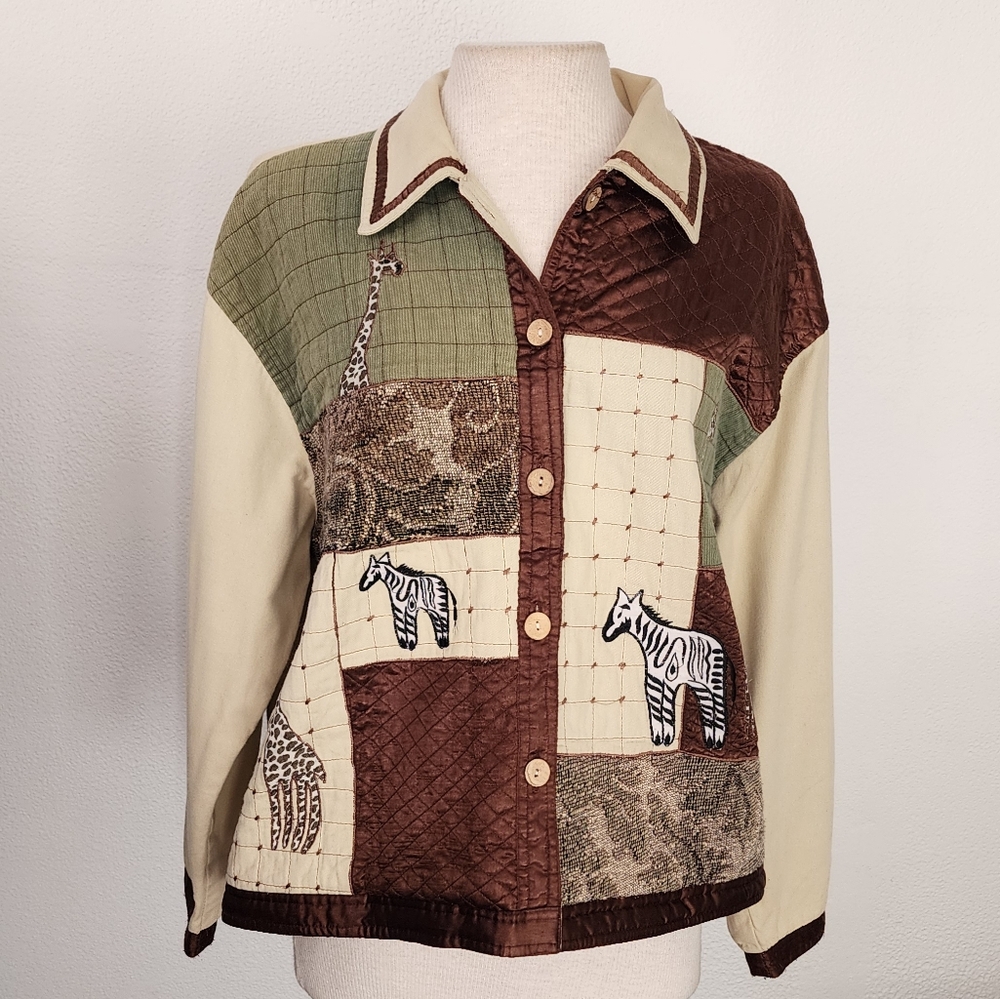 New Direction Jacket 100% Cotton Safari Zebra Patchwork Cream Multi Size XL - Picture 6 of 14